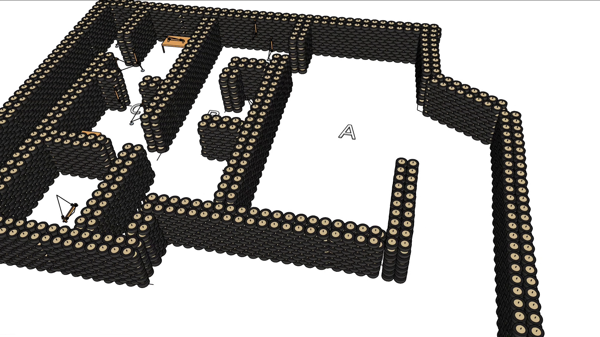 3D model of the tire-wall maze arena and bar-and-post gate obstacle course at the Montgomery County Police Department training center in Poolesville, Maryland, for the 2020 DOJ procurement exercise.